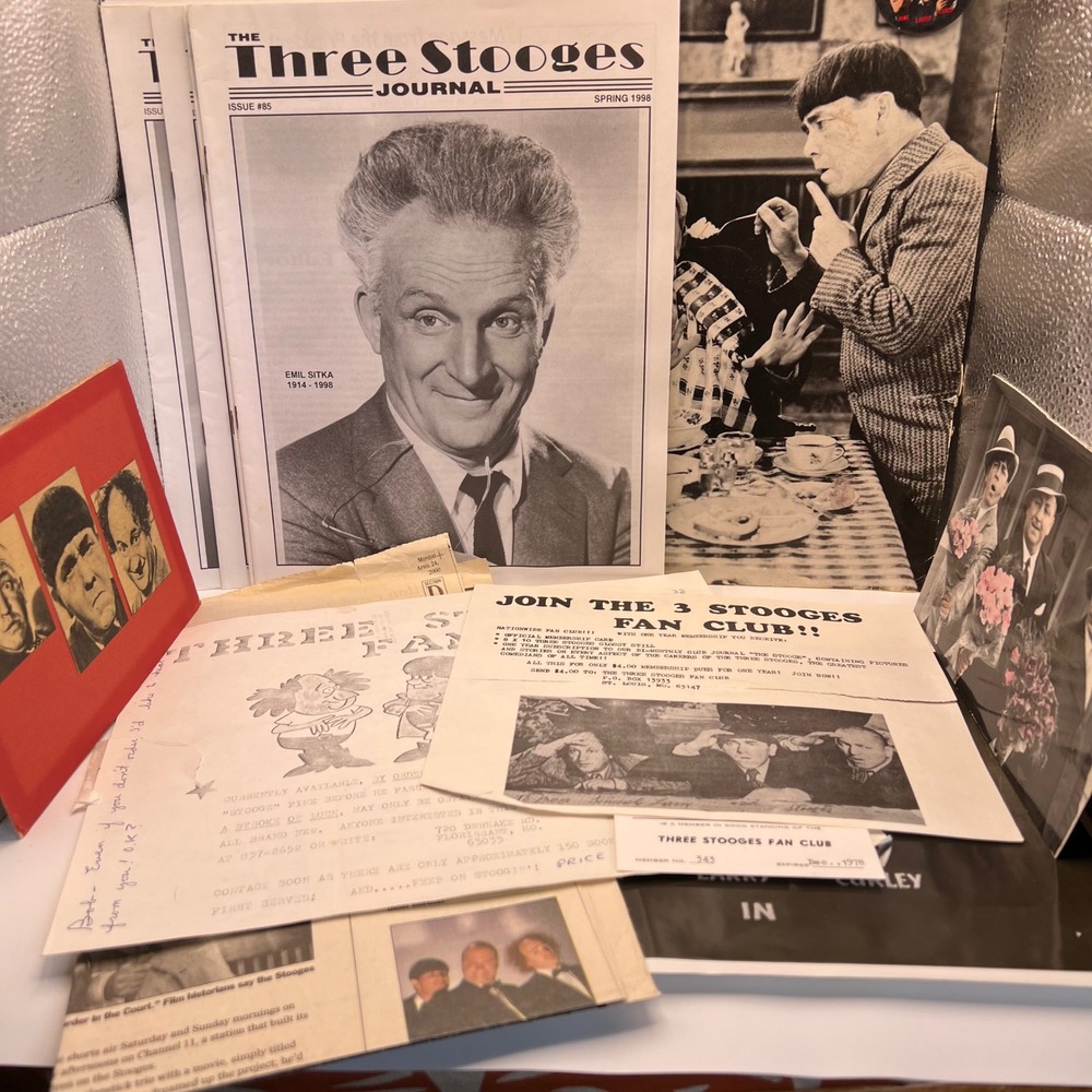 The Three Stooges Fan Club Ephemera Lot member card, comic, magazines, pin VTG